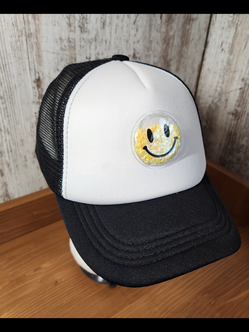 Fun Happy Black & White Trucker Hat with Yellow Sequin Pin Smiley Face Smile 😃